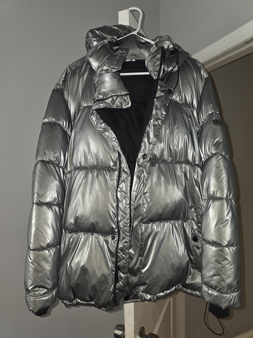 BCBG Metallic Silver Quilted Puffer Jacket with Hood